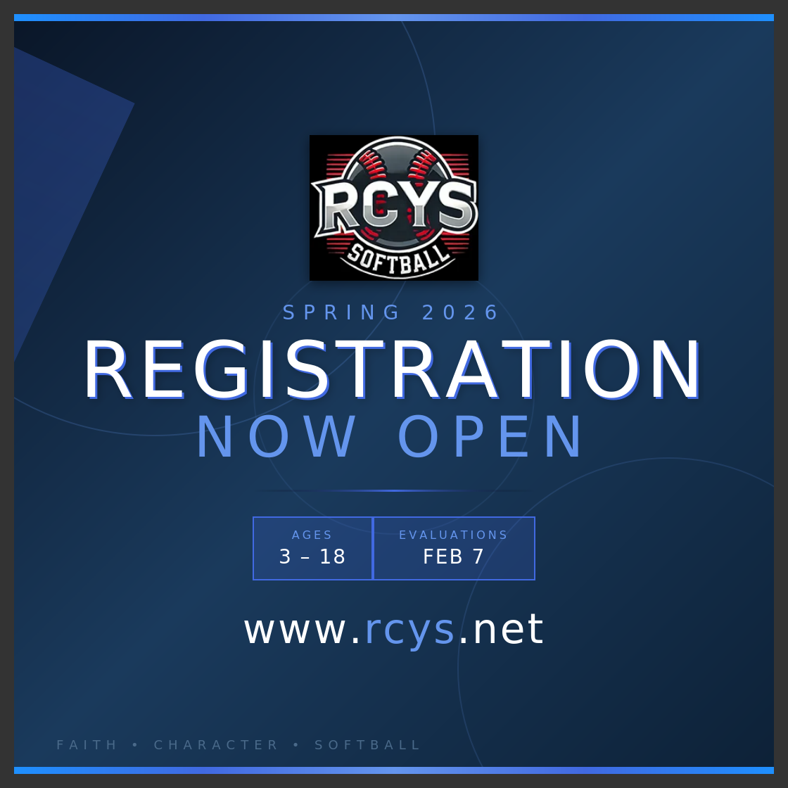 RCYS Softball - Spring 2026 Registration Now Open - Ages 3-18 - Evaluations Feb 7 - www.rcys.net
